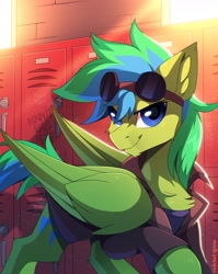 Size: 2500x3147 | Tagged: oc needed, safe, artist:redchetgreen, oc, species:pegasus, species:pony, g4, goggles, lockers, looking at you, male, solo