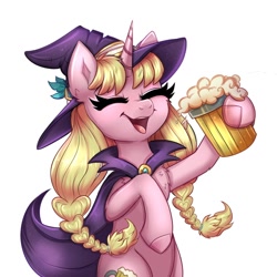 Size: 1258x1258 | Tagged: safe, artist:confetticakez, oc, oc:caramel, species:pony, species:unicorn, g4, cape, cider, clothing, cute, eyes closed, pig tails, ponyville ciderfest, solo, witch hat
