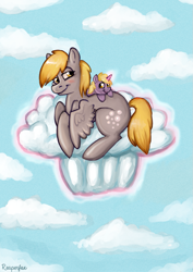 Size: 717x1011 | Tagged: safe, artist:reaperfox, character:derpy hooves, character:dinky hooves, species:pegasus, species:pony, cloud, cloudy, equestria's best mother, female, mare