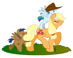 Size: 3000x2400 | Tagged: safe, artist:littletiger488, character:applejack, oc, oc:circuit, oc:eden, parent:applejack, parent:rainbow dash, parent:soarin', parents:soarindash, parents:soarinjack, species:pony, accessory theft, blank flank, colt, foal, high res, male, mouth hold, offspring, ponies riding ponies, simple background, tail bite, tail pull, transparent background