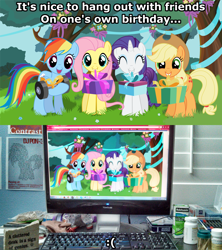 Size: 3264x3672 | Tagged: safe, artist:tgolyi, character:applejack, character:fluttershy, character:rainbow dash, character:rarity, birthday, caption, computer, forever alone, fourth wall, meme, present