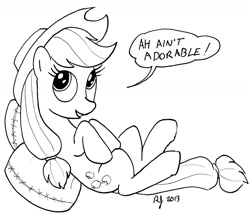 Size: 1280x1096 | Tagged: safe, artist:arrjaysketch, character:applejack, species:earth pony, species:pony, accent, blatant lies, cute, dialogue, female, grayscale, i'm not cute, jackabetes, liarjack, lies, mare, monochrome, on back, pillow, simple background, solo, speech bubble
