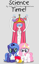 Size: 4779x7700 | Tagged: safe, artist:drpancakees, character:princess celestia, character:princess luna, absurd resolution, adventure time, beaker, cewestia, clothing, crossover, cute, female, filly, glasses, goggles, lab coat, pink-mane celestia, princess bubblegum, science, science the rat, science woona, woona, younger