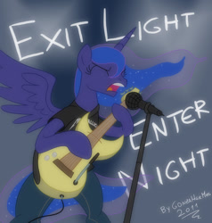 Size: 819x862 | Tagged: safe, artist:gonzahermeg, character:princess luna, electric guitar, enter sandman, eyes closed, female, guitar, heavy metal, metal as fuck, metallica, microphone, open mouth, singing, solo, spread wings, wings