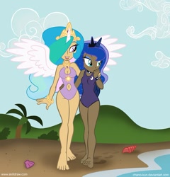 Size: 953x991 | Tagged: safe, artist:chano-kun, character:princess celestia, character:princess luna, species:human, barefoot, beach, belly button, clothing, dark skin, feet, happy, hug, humanized, light skin, navel cutout, nervous, one-piece swimsuit, open mouth, shy, smiling, spread wings, standing, swimsuit, wings