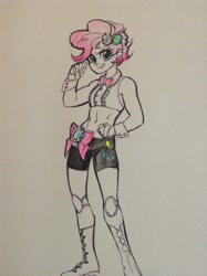Size: 956x1280 | Tagged: safe, artist:muffinmachine, artist:shacklefunk, character:pinkie pie, species:human, alternate hairstyle, belly button, bow tie, clothing, compression shorts, female, humanized, midriff, no more ponies at source, short hair, simple background, solo, traditional art, white background