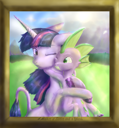 Size: 1400x1500 | Tagged: safe, artist:etiluos, character:spike, character:twilight sparkle, species:classical unicorn, hug, leonine tail, photo