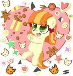 Size: 875x913 | Tagged: safe, artist:pokumii, character:tag-a-long, character:thin mint, bow, cookie, cute, female, food, hatless, missing accessory, solo, tag-a-betes, tag-a-long, thin mint