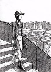 Size: 3472x4920 | Tagged: safe, artist:smellslikebeer, character:twilight sparkle, species:human, absurd resolution, black and white, cap, city, cityscape, clothing, crosshatch, female, grayscale, hat, humanized, ink, looking away, monochrome, solo, stairs, traditional art, walking
