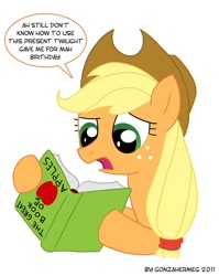 Size: 691x866 | Tagged: safe, artist:gonzahermeg, character:applejack, species:earth pony, species:pony, accent, book, female, illiteracy, mare, silly, silly pony, simple background, solo, who's a silly pony