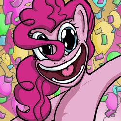 Size: 3000x3000 | Tagged: safe, artist:senselesssquirrel, character:pinkie pie, species:earth pony, species:pony, g4, abstract background, balloon, confetti, female, high res, mare, smiling, solo
