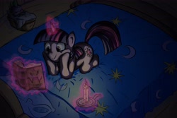 Size: 5143x3429 | Tagged: safe, artist:senselesssquirrel, character:spike, character:twilight sparkle, species:dragon, species:pony, species:unicorn, g4, absurd resolution, bed, book, candle, female, happy, magic, male, mare, reading, sleeping