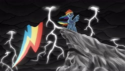 Size: 2560x1440 | Tagged: safe, artist:senselesssquirrel, character:rainbow dash, species:pegasus, species:pony, g4, cliff, female, lightning, mare, pose, solo, storm, wallpaper, windswept mane