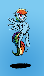 Size: 509x874 | Tagged: safe, artist:senselesssquirrel, character:rainbow dash, species:pegasus, species:pony, female, flying, gradient background, grin, mare, solo