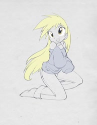 Size: 800x1035 | Tagged: safe, artist:bleedman, character:derpy hooves, baggy sweater, derp, female, humanized, orignal sketch, sketch, solo
