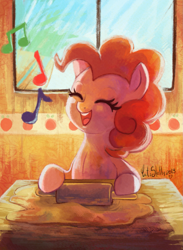 Size: 1097x1500 | Tagged: safe, artist:cuteskitty, character:pinkie pie, backlighting, baking, cooking, cute, diapinkes, dough, eyes closed, female, music notes, open mouth, rolling pin, singing, solo, table, window