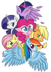 Size: 1024x1448 | Tagged: dead source, safe, artist:eljonek, character:applejack, character:fluttershy, character:pinkie pie, character:rainbow dash, character:rarity, character:twilight sparkle, character:twilight sparkle (alicorn), species:alicorn, species:earth pony, species:pegasus, species:pony, species:unicorn, bust, colored pupils, cute, ear fluff, feather, female, mane six, mare, portrait, profile, simple background, spread wings, transparent background, wings