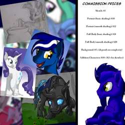 Size: 1024x1024 | Tagged: safe, artist:dragmodnotloc, character:rarity, character:zecora, oc, species:changeling, species:zebra, commission info, rocky blue