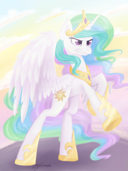 Size: 1024x1365 | Tagged: safe, artist:eljonek, character:princess celestia, species:alicorn, species:pony, angry, female, mare, rearing, solo, spread wings, wings