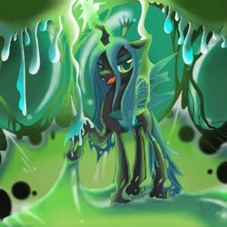 Size: 1500x1500 | Tagged: safe, artist:twintailsinc, character:queen chrysalis, species:changeling, g4, changeling queen, cocoon, fangs, female, lidded eyes, looking at you, magic, open mouth, raised hoof, slime, smiling, solo, standing