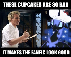 Size: 799x648 | Tagged: safe, artist:yenamuffin, character:nightmare moon, character:princess luna, fanfic:cupcakes, chef's hat, clothing, gordon ramsay, hat, image macro