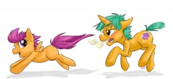Size: 1322x604 | Tagged: safe, artist:cnat, character:scootaloo, character:snails, exhausted, running