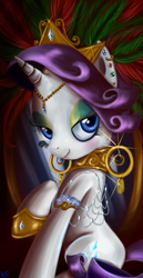 Size: 900x1740 | Tagged: safe, artist:kyle23emma, character:rarity, alternate hairstyle, carnaval, fashion, female, full body, jewelry, lidded eyes, looking at you, makeup, portrait, raised hoof, solo, three quarter view, tiara