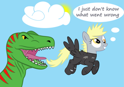 Size: 1821x1287 | Tagged: safe, artist:tgolyi, character:derpy hooves, species:pegasus, species:pony, clothing, costume, dinosaur, female, future twilight, i just don't know what went wrong, mare, svg, time travel, tyrannosaurus rex, vector
