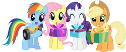 Size: 7215x2997 | Tagged: safe, artist:tgolyi, character:applejack, character:fluttershy, character:rainbow dash, character:rarity, .svg available, mouth hold, present, simple background, transparent background, vector