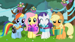 Size: 5331x2999 | Tagged: safe, artist:tgolyi, character:applejack, character:fluttershy, character:rainbow dash, character:rarity, present