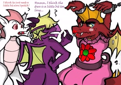Size: 4848x3419 | Tagged: safe, artist:mcbain, character:fizzle, character:garble, species:dragon, blushing, bondage, clothing, crossdressing, forced feminization, fume, garblebuse, lipstick, spear (dragon), teenaged dragon