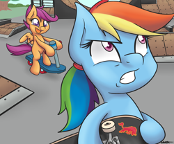 Size: 2700x2250 | Tagged: safe, artist:wiggabuysomeapples, character:rainbow dash, character:scootaloo, ponytail, rainbow dash is not amused, red bull, scooter, skate park, skateboard