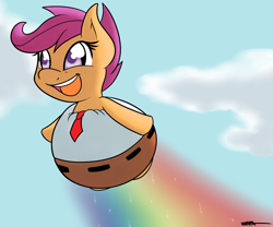 Size: 2700x2250 | Tagged: safe, artist:wiggabuysomeapples, character:scootaloo, clothing, female, happy, lost episode, pants, parody, scootaloo can fly, solo, spongebob squarepants, the sponge who could fly