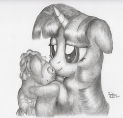 Size: 2000x1916 | Tagged: safe, artist:kuroitsubasatenshi, character:smarty pants, character:twilight sparkle, d'aw, monochrome, snuggling