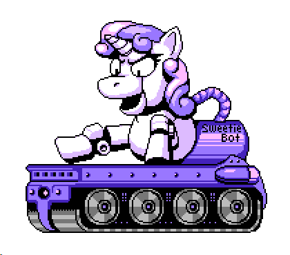 Size: 420x370 | Tagged: safe, artist:khaomortadios, character:sweetie belle, species:pony, species:unicorn, sweetie bot, animated, female, filly, foal, gif, gutsdozer, gutsman, hooves, horn, megaman, megapony, open mouth, pixel art, robot, simple background, solo, text, transparent background, video game