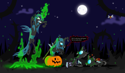 Size: 4242x2500 | Tagged: safe, artist:zimvader42, character:nightmare moon, character:princess luna, character:queen chrysalis, angry, clothing, costume, fire, green fire, gritted teeth, imminent death, jack-o-lantern, jumping, ladybug, lying down, magic, parasprite, pumpkin, sitting