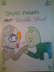 Size: 1536x2048 | Tagged: safe, artist:lolly <3, character:silver spoon, crossover, funny, kissing, salad fingers, text