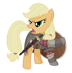 Size: 4500x4556 | Tagged: safe, artist:shadowdark3, character:applejack, absurd resolution, boromir, cosplay, female, hatless, lord of the rings, missing accessory, pointing, shield, simple background, solo, sword, transparent background, vector, weapon