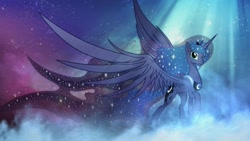Size: 1920x1080 | Tagged: dead source, safe, artist:horrorman1980, artist:nemesis360, character:princess luna, big wings, crepuscular rays, female, fog, looking at you, raised hoof, smiling, solo, sparkles, spread wings, wallpaper, wings