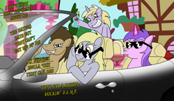 Size: 1215x710 | Tagged: safe, artist:unoservix, character:amethyst star, character:derpy hooves, character:dinky hooves, character:doctor whooves, character:sparkler, character:time turner, species:pegasus, species:pony, car, derpy driving, drink, driving, female, hooves family, magic, mare, straw, sunglasses, swag, telekinesis, the hooves