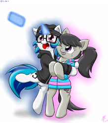 Size: 2800x3200 | Tagged: safe, artist:harthric, character:dj pon-3, character:octavia melody, character:vinyl scratch, species:pony, adorkable, bipedal, braces, camera, clothing, cute, dork, fluffy, glasses, grin, happy, hug, levitation, magic, one eye closed, phone, ponytail, selfie, simple background, smiling, tavibetes, telekinesis, vinylbetes, white background, wink