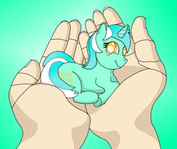 Size: 2557x2148 | Tagged: safe, artist:heartshielder1991, character:lyra heartstrings, species:human, species:pony, species:unicorn, colored pupils, green background, hand, holding a pony, in goliath's palm, micro, simple background, smiling, solo focus