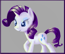 Size: 798x668 | Tagged: safe, artist:paintrolleire, character:rarity, species:pony, species:unicorn, abstract background, female, mare, raised hoof, smiling, solo