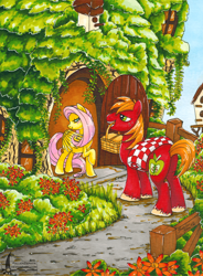Size: 900x1221 | Tagged: safe, artist:fallenzephyr, character:big mcintosh, character:fluttershy, ship:fluttermac, bedroom eyes, blushing, door, flower, fluttershy's cottage, mouth hold, picnic, picnic basket, picnic blanket, shipping, straight, traditional art
