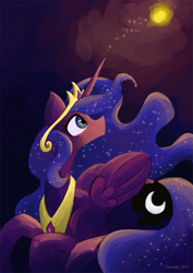 Size: 637x900 | Tagged: safe, artist:deeptriviality, character:princess luna, accessory swap, female, glow, magic, role reversal, solo