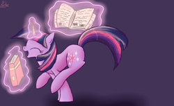Size: 1000x610 | Tagged: safe, artist:nos-talgia, character:twilight sparkle, character:twilight sparkle (unicorn), species:pony, species:unicorn, book, eyes closed, female, glowing horn, happy, horn, magic, mare, solo, telekinesis