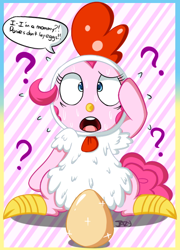 Size: 420x583 | Tagged: safe, artist:pokumii, character:pinkie pie, species:chicken, episode:luna eclipsed, g4, my little pony: friendship is magic, animal costume, chicken pie, chicken suit, clothing, costume, dialogue, egg, female, how, open mouth, oviposition, pinkie logic, question mark, shining, solo, sweat, text