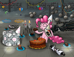 Size: 1200x927 | Tagged: safe, artist:rofljay, character:gummy, character:pinkie pie, episode:party of one, g4, my little pony: friendship is magic, balloon, companion cube, crossover, glados, portal, portal (valve), portal gun, the cake is a lie, turret