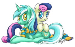 Size: 900x569 | Tagged: safe, artist:fallenzephyr, character:bon bon, character:lyra heartstrings, character:sweetie drops, species:earth pony, species:pony, species:unicorn, ship:lyrabon, clothing, female, lesbian, mare, scarf, shipping