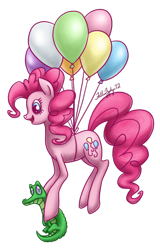 Size: 600x938 | Tagged: safe, artist:fallenzephyr, character:gummy, character:pinkie pie, balloon